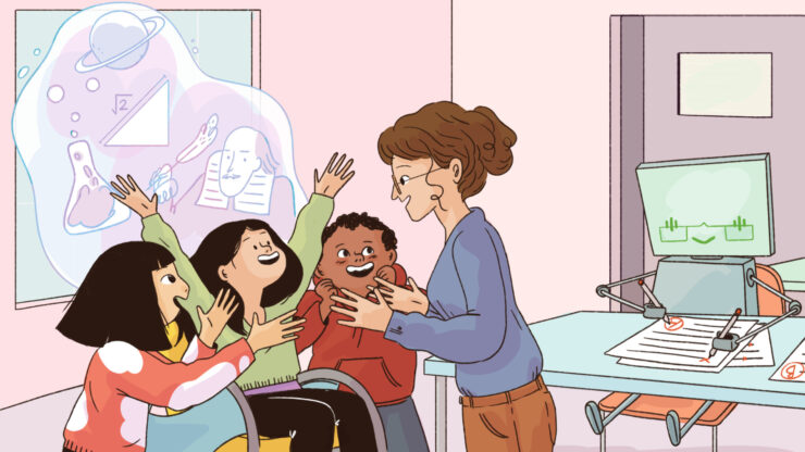 A teacher engages with students while AI marks their work.